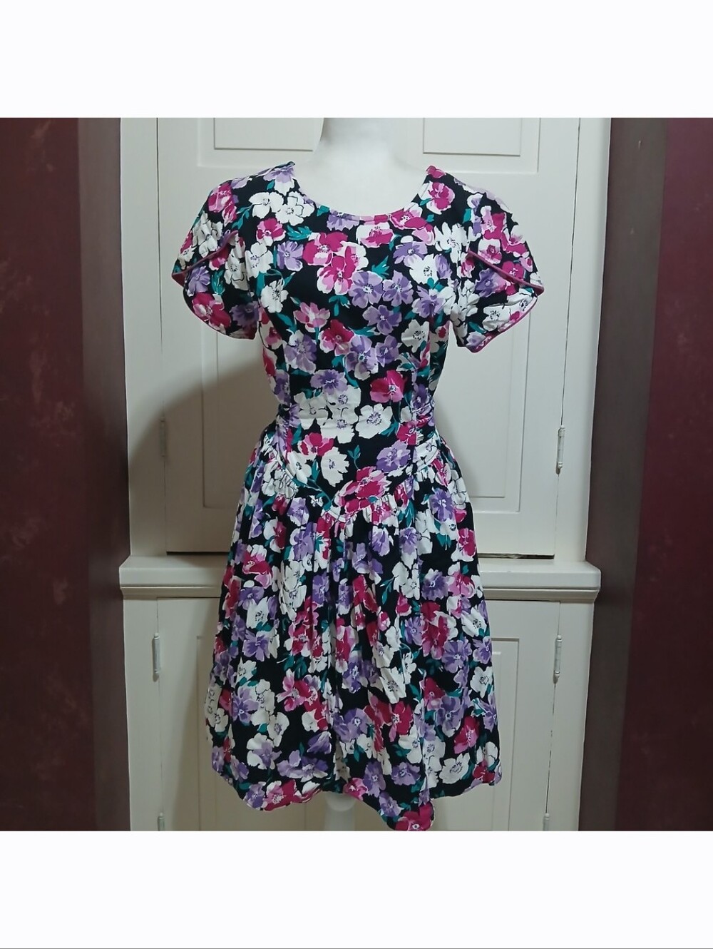 Vintage 80's Multicolor Floral Cottagecore Fit & Flare Dress Modern Size S/M